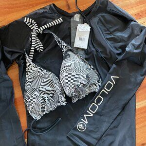 NWT Women's Large Volcom 50+UPF Rashguard + Triangle Swim Suit Top